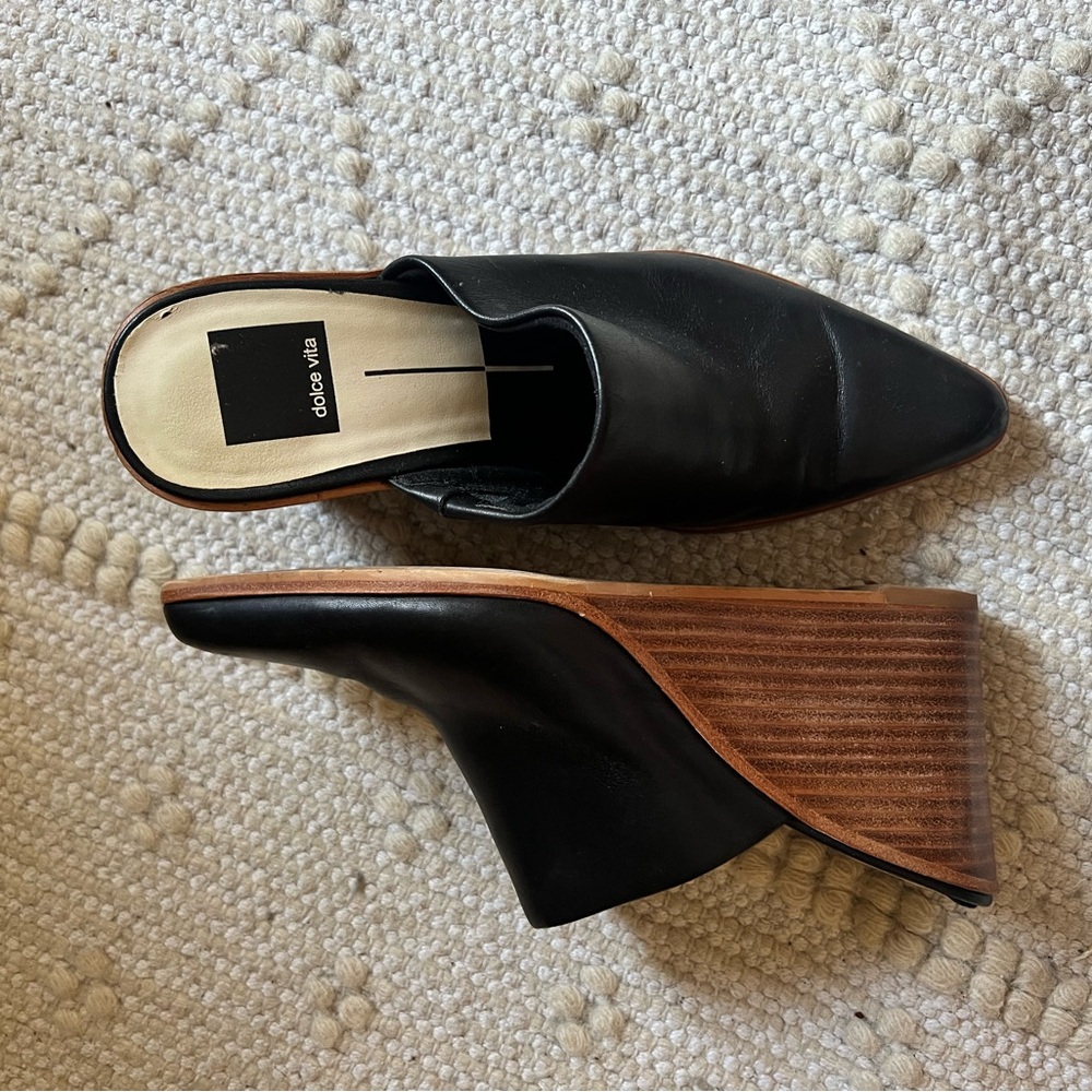 Dolce Vita Black Leather Wedge Mules
